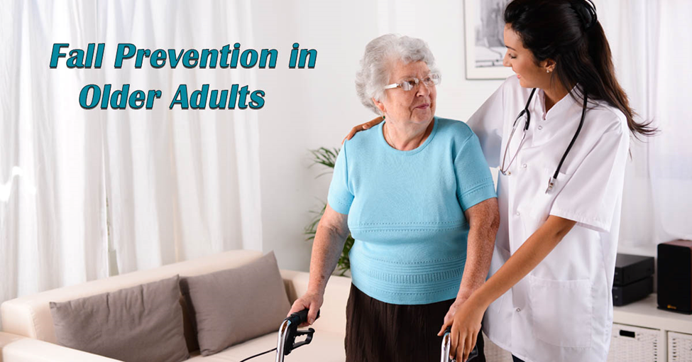 Fall Prevention in Older Adults. Picture of an older caucasian female being helped with her walker by a young caucasian female home health caregiver.